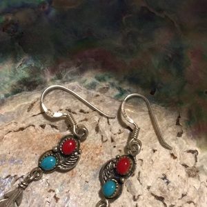 Coral and Turquoise Feather Earrings